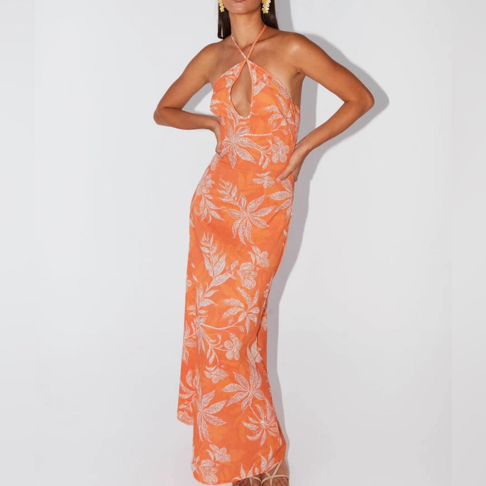 Peppermayo Orange Halter Maxi with White Floral Print